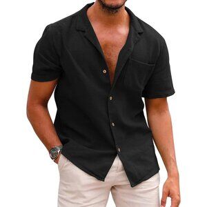 Men's Black Casual Button Down Shirts Short Sleeve Textured Summer Beach Shirt